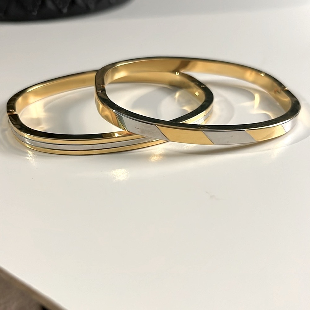 Estate 2 toned/2 14k & Rhodium Plated Gold Hinged Bangle Bracelet Heavy Vintage - Picture 2 of 7